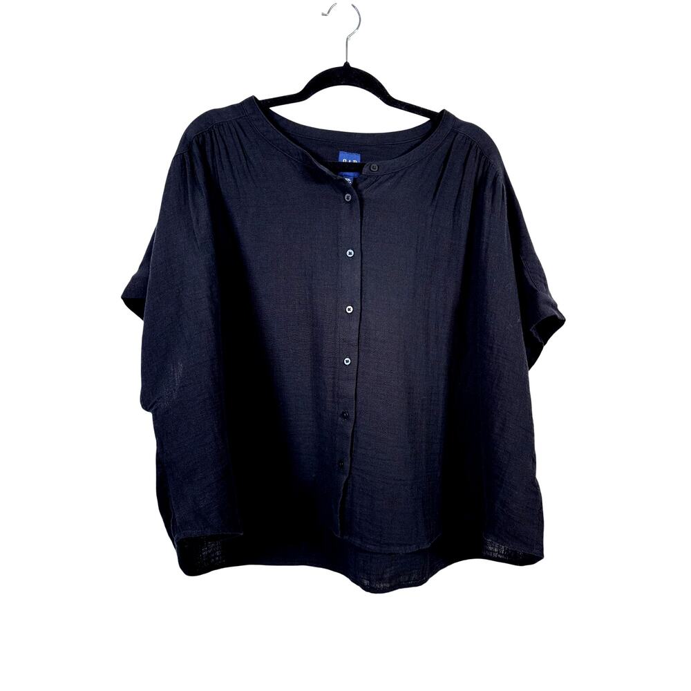 Gap Muslin Oversize Button Down Shirt Womens XXL Black Short Sleeve Peplum NWT